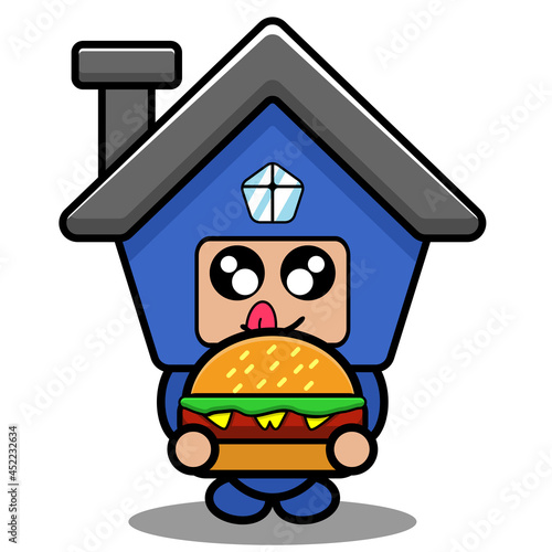 vector cartoon cute blue house mascot costume doodle character eating burger