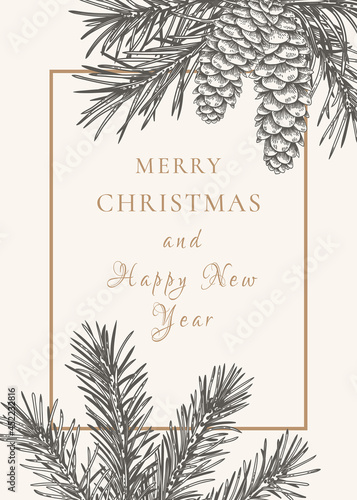 New year invitation with fir and pine branches and cones.  Black background and golden greeting.