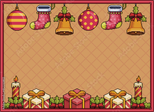 Pixel art christmas background banner 8bit with bells, christmas balls, gift, candles and sock
