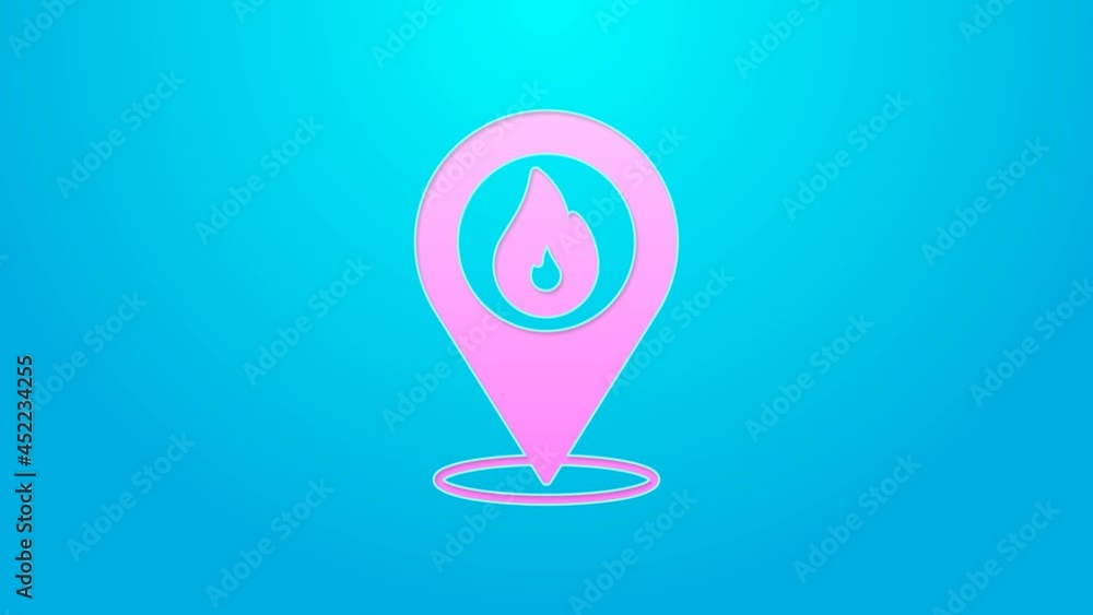 Pink line Map pointer with fire flame icon isolated on blue background. Fire nearby. 4K Video motion graphic animation Pink line Map pointer with fire flame icon isolated on blue background. Fire nearby. 4K Video motion graphic animation