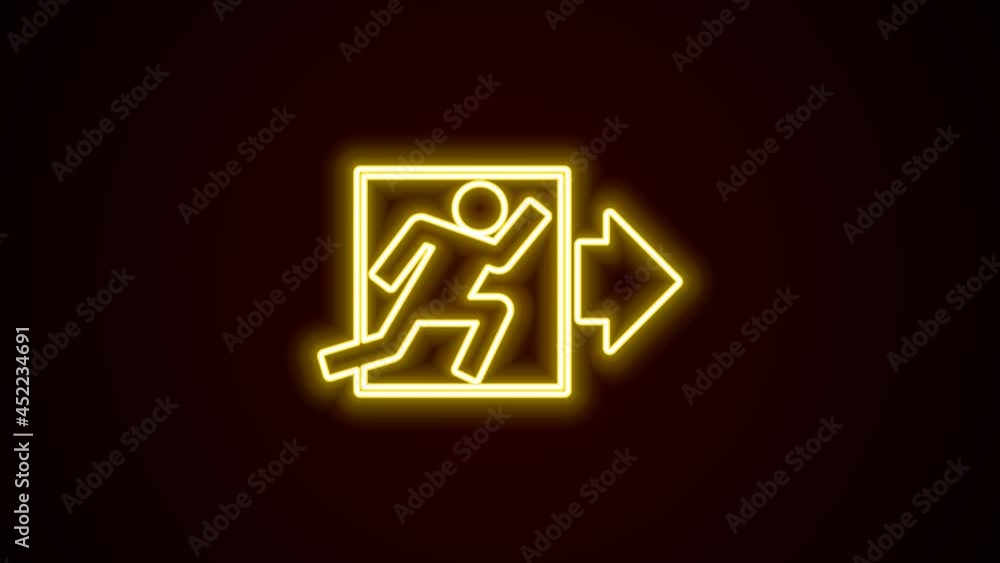Glowing neon line Fire exit icon isolated on black background. Fire emergency icon. 4K Video motion graphic animation