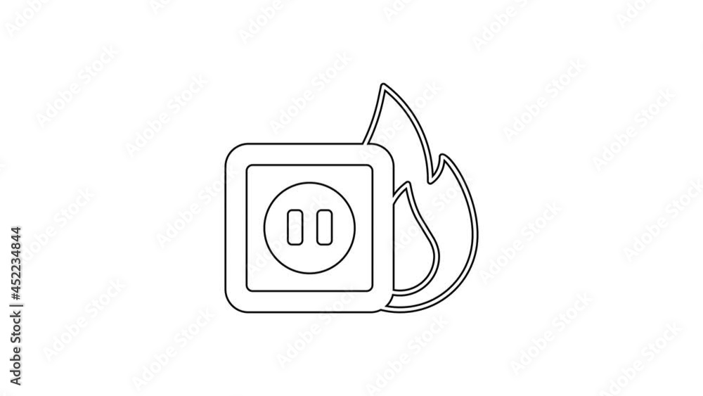 Black line Electric wiring of socket in fire icon isolated on white background. Electrical safety concept. Plug outlet on fire. 4K Video motion graphic animation Black line Electric wiring of socket in fire icon isolated on white background. Electrical safety concept. Plug outlet on fire. 4K Video motion graphic animation