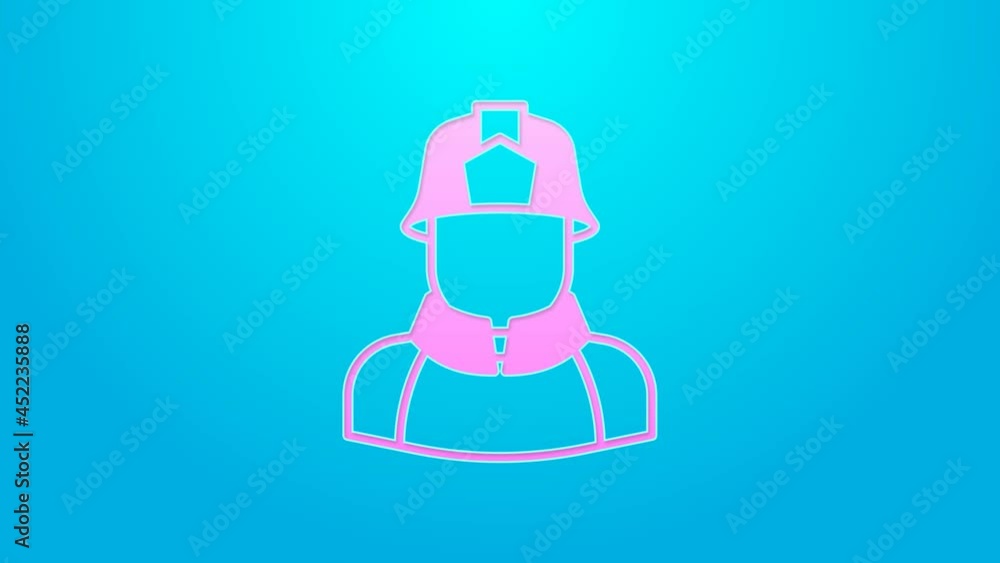Pink line Firefighter icon isolated on blue background. 4K Video motion graphic animation Pink line Firefighter icon isolated on blue background. 4K Video motion graphic animation