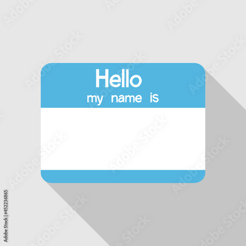 blue name tag. Hello my name is on gray background.