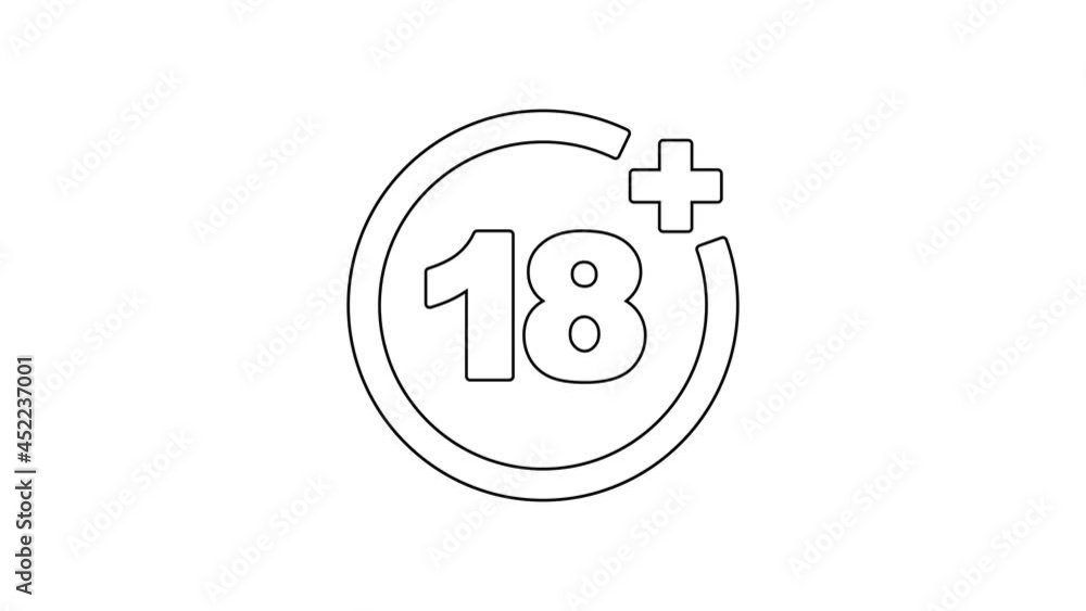 Black line Plus 18 movie icon isolated on white background. Adult content. Under 18 years sign. 4K Video motion graphic animation Black line Plus 18 movie icon isolated on white background. Adult content. Under 18 years sign. 4K Video motion graphic animation
