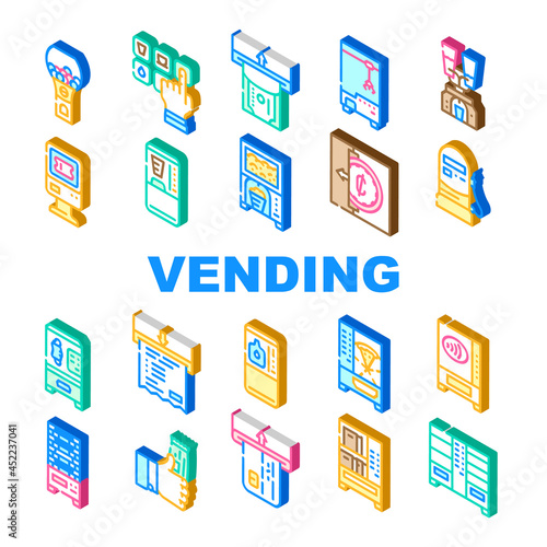 Vending Machine Sale Equipment Icons Set Vector. Coffee And Drink Vending Machine, Pop Corn And Candy Food Selling Electronics Contactless Payment And Money Banknote Isometric Sign Color Illustrations