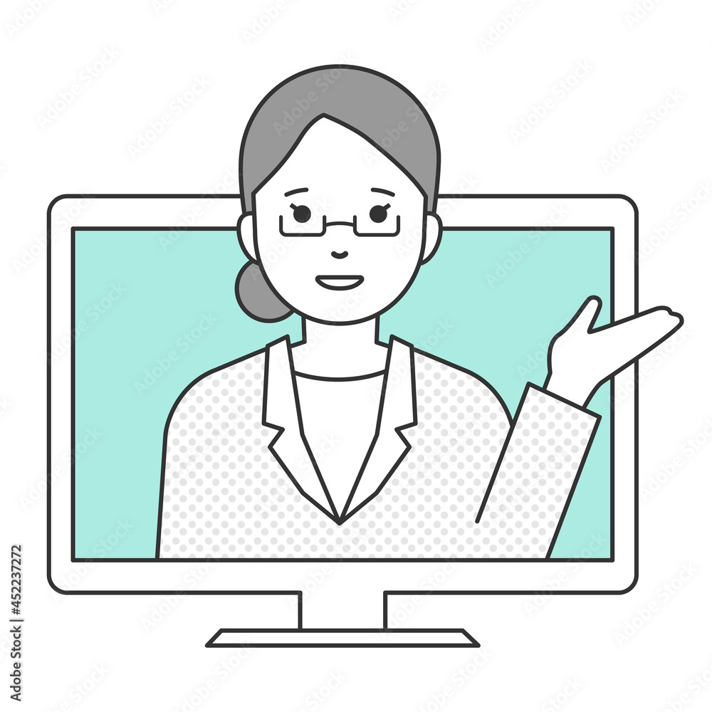 パソコンから解説する女性の線画イラスト