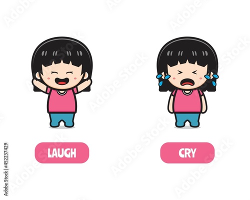 Cute girl opposite laugh and cry, words antonym for children cartoon icon illustration