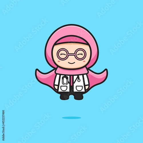 Cute muslim doctor super hero cartoon icon illustration