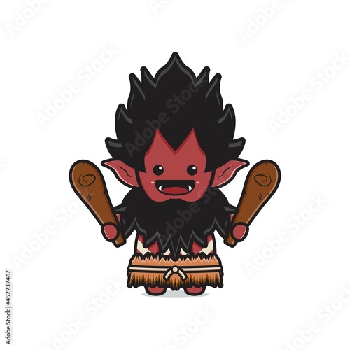 Cute orc holding club wooden cudgel cartoon icon illustration