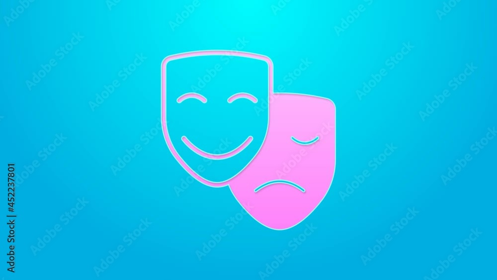 Pink line Comedy and tragedy theatrical masks icon isolated on blue background. 4K Video motion graphic animation Pink line Comedy and tragedy theatrical masks icon isolated on blue background. 4K Video motion graphic animation