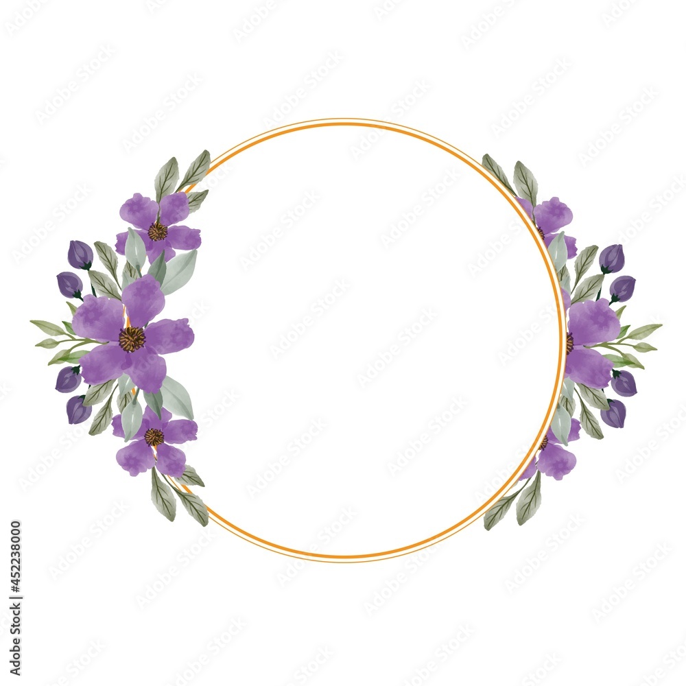 circle frame with purple bouquet for wedding invitation
