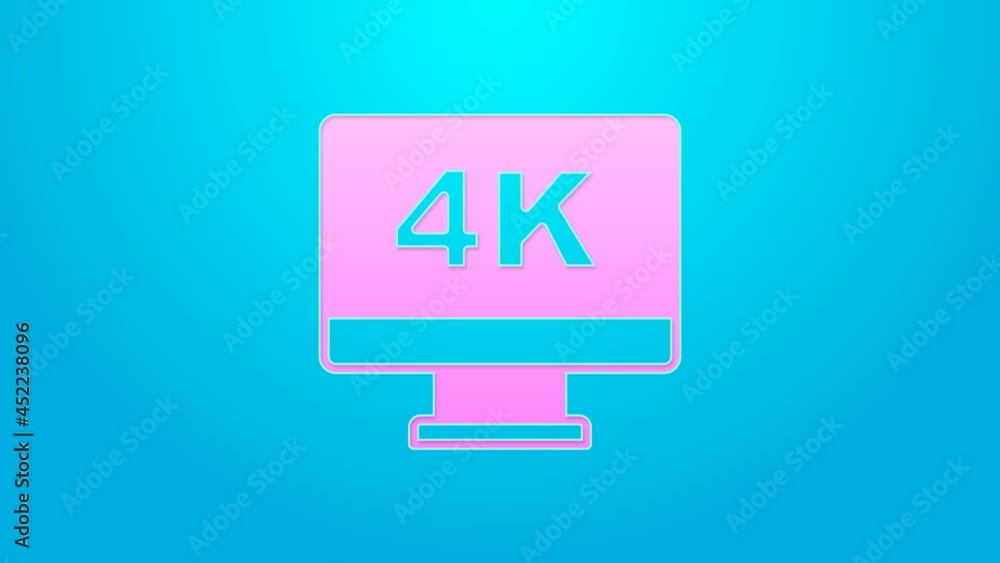 Pink line Screen tv with 4k Ultra HD video technology icon isolated on blue background. 4K Video motion graphic animation Pink line Screen tv with 4k Ultra HD video technology icon isolated on blue background. 4K Video motion graphic animation