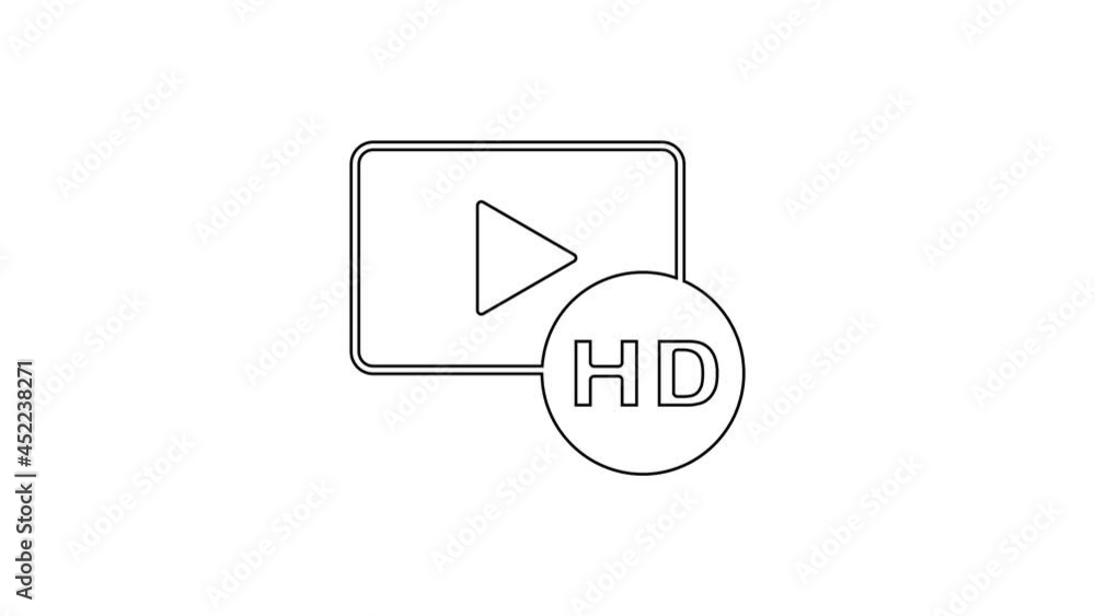 Black line Hd movie, tape, frame icon isolated on white background. 4K Video motion graphic animation Black line Hd movie, tape, frame icon isolated on white background. 4K Video motion graphic animation