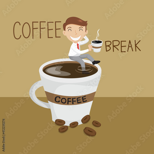 Businessman relaxing during break in big coffee cup, Coffee time break, Recharge the coffee, Vector illustration