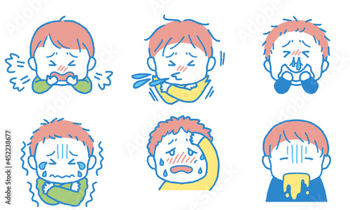 風邪の様々な症状が出ている男の子のイラストセット