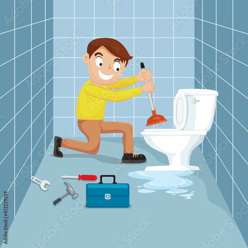 Man cleaning toilet sewerage with plunger, Home restroom leakage repair, Vector illustration cartoon