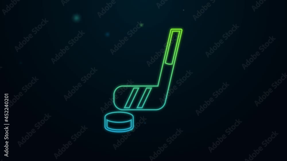 Glowing neon line Ice hockey stick and puck icon isolated on black background. 4K Video motion graphic animation Glowing neon line Ice hockey stick and puck icon isolated on black background. 4K Video motion graphic animation