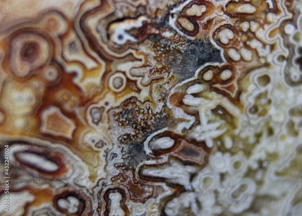 Red, blue and brown patterns on mexican laced agate