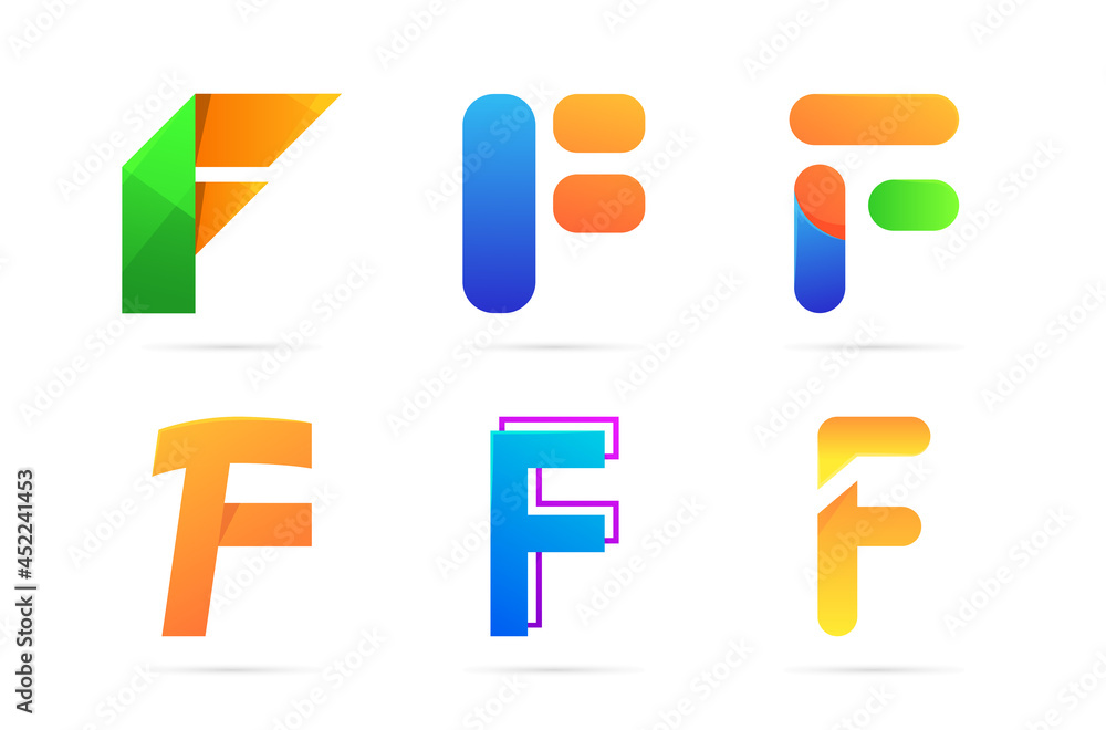 Set of the letter F logo design. Colorful initial collection, simple, gradient, 3d Set of the letter F logo design. Colorful initial collection, simple, gradient, 3d