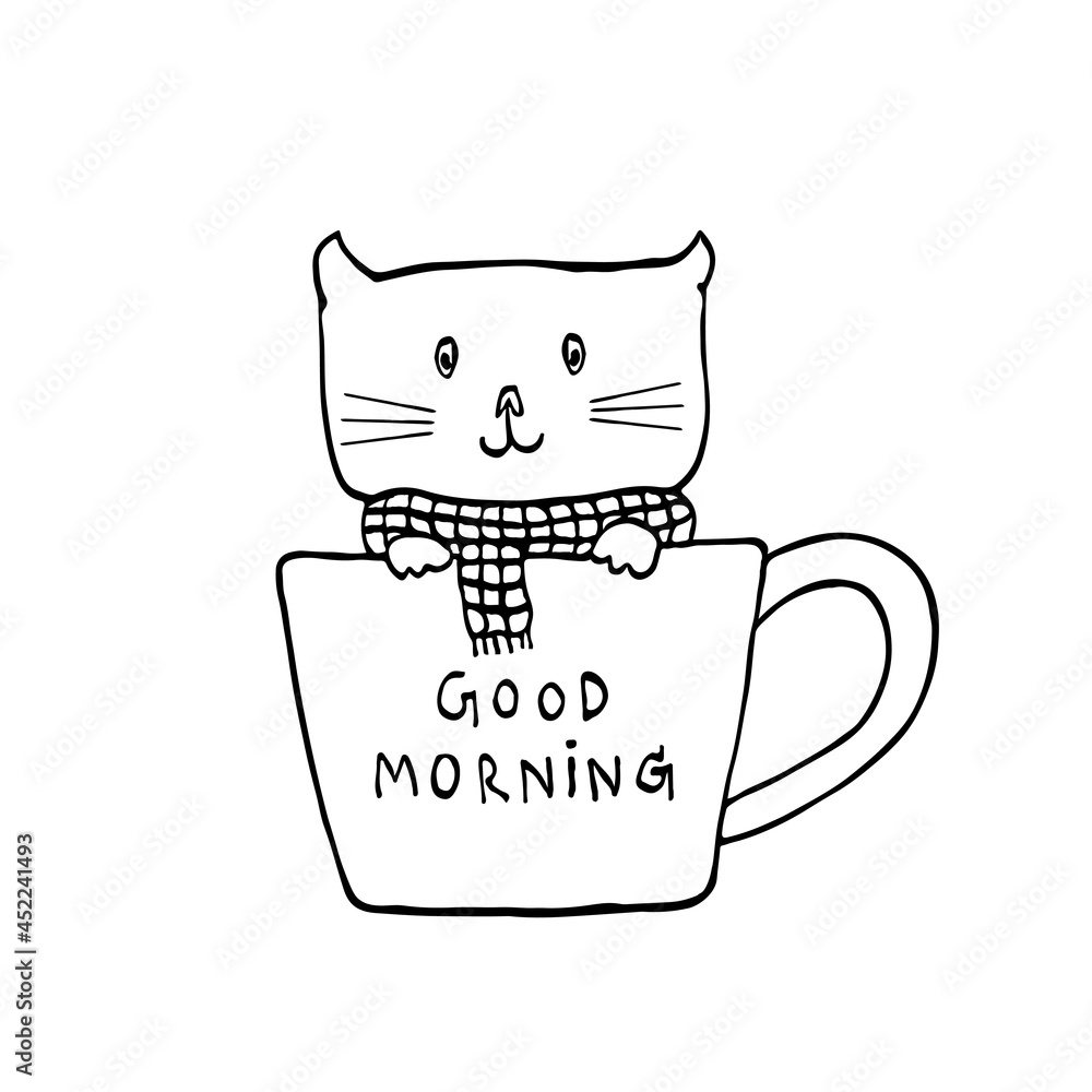 Hand drawn little cute cat sitting in coffee cup for good morning ...