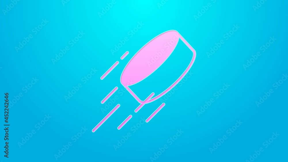 Pink line Hockey puck icon isolated on blue background. 4K Video motion graphic animation Pink line Hockey puck icon isolated on blue background. 4K Video motion graphic animation