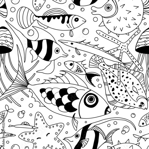 Black and white fish, jellyfish, starfish and air bubbles seamless pattern vector ocean wave background isolated repeat wallpaper.