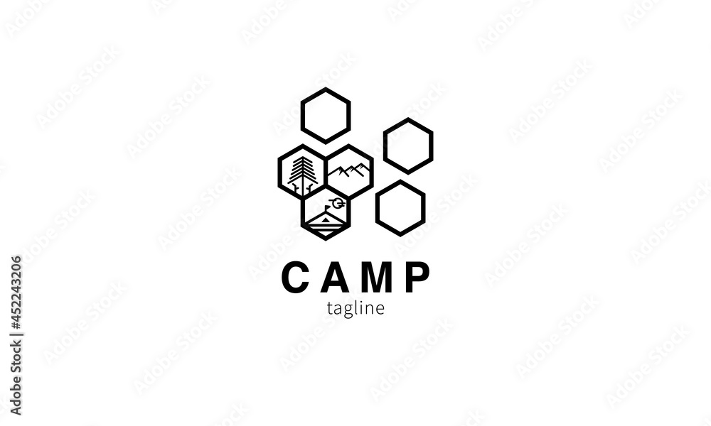 Premium vector logo tree, mountain, camp, in a hexagon minimalist logo design style Premium vector logo tree, mountain, camp, in a hexagon minimalist logo design style