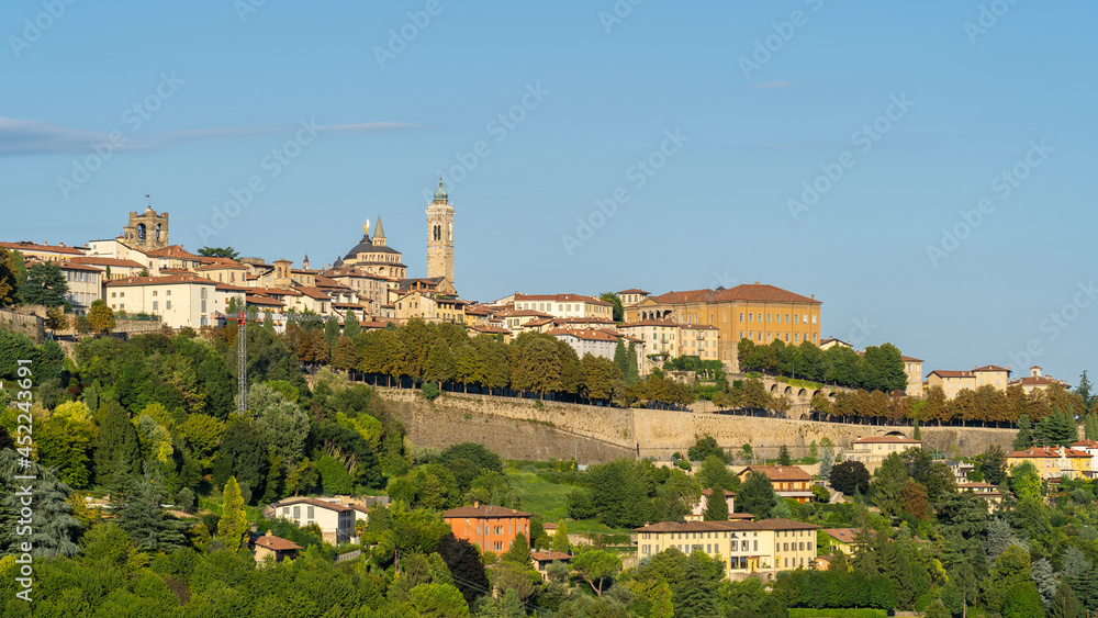 Bergamo, Italy. Amazing landscape at the old town and the ancient walls from the hills. Touristic destination. Bergamo one of the beautiful city in Italy