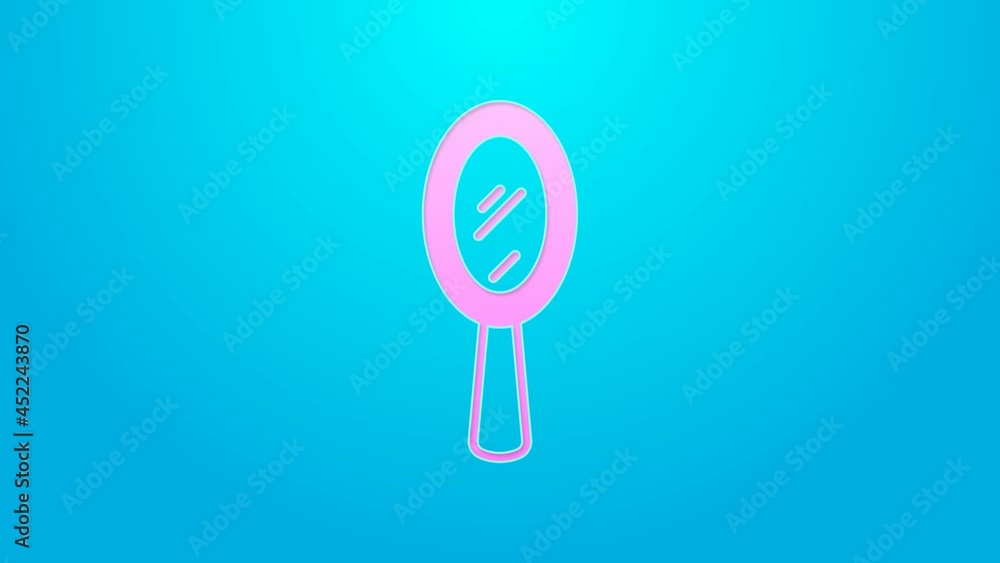 Pink line Magic hand mirror icon isolated on blue background. 4K Video motion graphic animation Pink line Magic hand mirror icon isolated on blue background. 4K Video motion graphic animation