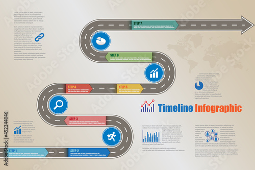 Business roadmap timeline infographic flat design template with step labels for background element modern diagram process technology marketing data presentation chart Vector illustration