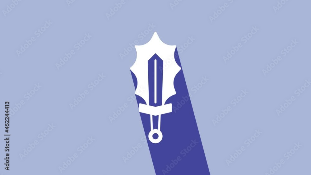 White Magic sword in fire icon isolated on purple background. Fiery sword. Magic weapon of knight, sorcerer, magician. Fire spell. Burning blade. 4K Video motion graphic animation White Magic sword in fire icon isolated on purple background. Fiery sword. Magic weapon of knight, sorcerer, magician. Fire spell. Burning blade. 4K Video motion graphic animation