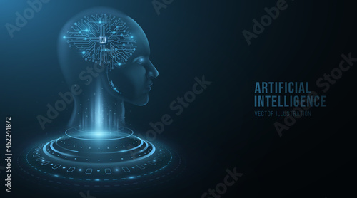 Digital holographic face of a cyborg man with artificial intelligence brain. Futuristic humanoid analyzes big data. Technology background. Neural network. Vector illustration