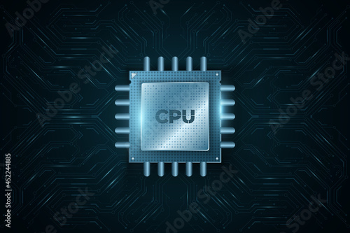 Digital modern microchip CPU on glowing computer circuit board or motherboard. Futuristic high performance processor. Database, processign concept. Vector Illustration