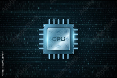 Digital microchip CPU on background of binary code. Futuristic high performance processor. Big Data. Software engineering. Database, processign concept. Vector Illustration