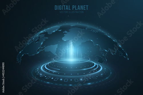 Digital holographic dot world map with HUD elements. Earth globe hologram. Futuristic planet Earth in cyberspace with light effects. Vector illustration