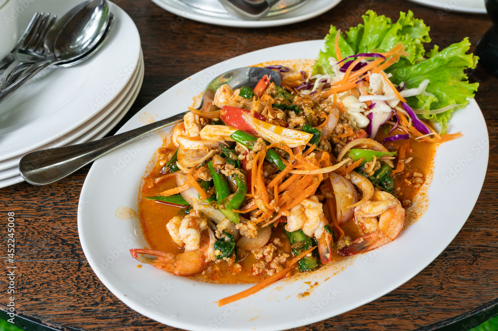 Thai style spicy seafood salad - close up