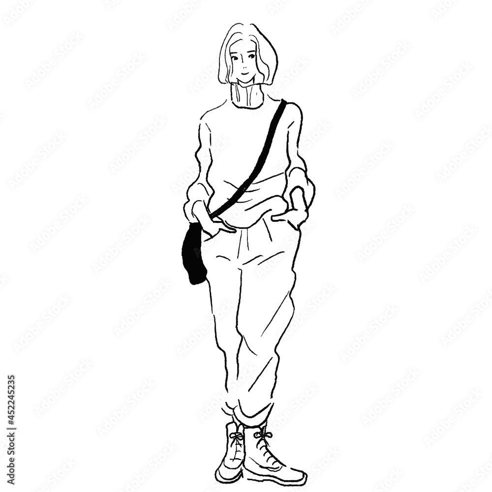 Obraz premium パンツ姿の女性の全身線画ベクター
