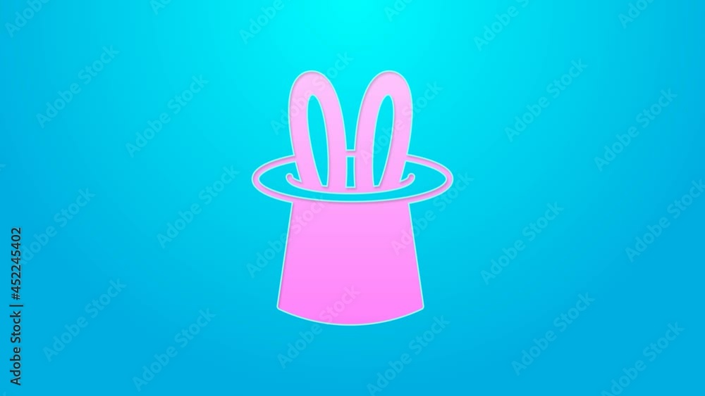 Pink line Magician hat and rabbit ears icon isolated on blue background. Magic trick. Mystery entertainment concept. 4K Video motion graphic animation Pink line Magician hat and rabbit ears icon isolated on blue background. Magic trick. Mystery entertainment concept. 4K Video motion graphic animation