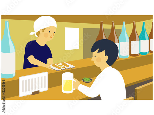 居酒屋のカウンターで焼き鳥を出す店員とビールと枝豆を食べる男性のベクターイラスト