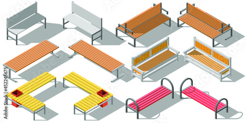 Set Abstract Isometric Collection 3D Wooden Bench Decoration City Elements Vector Design Style On White Background For Rest And Wait