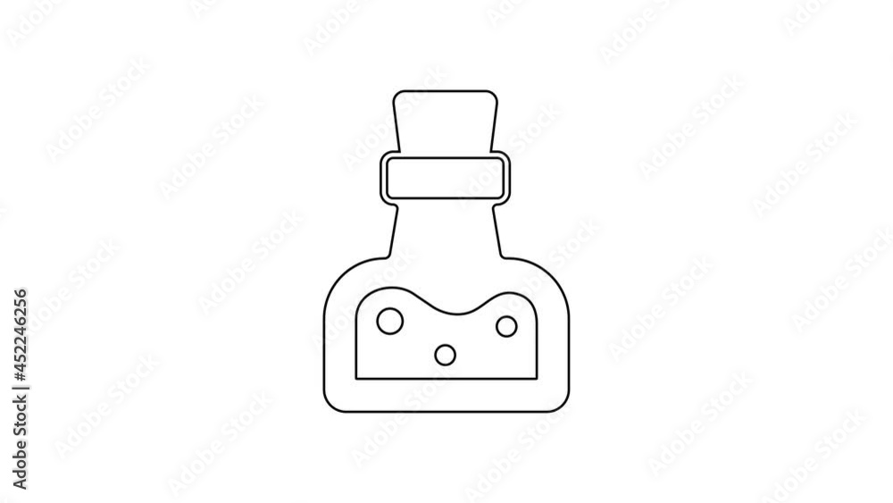 Black line Bottle with potion icon isolated on white background. Flask with magic potion. Happy Halloween party. 4K Video motion graphic animation Black line Bottle with potion icon isolated on white background. Flask with magic potion. Happy Halloween party. 4K Video motion graphic animation