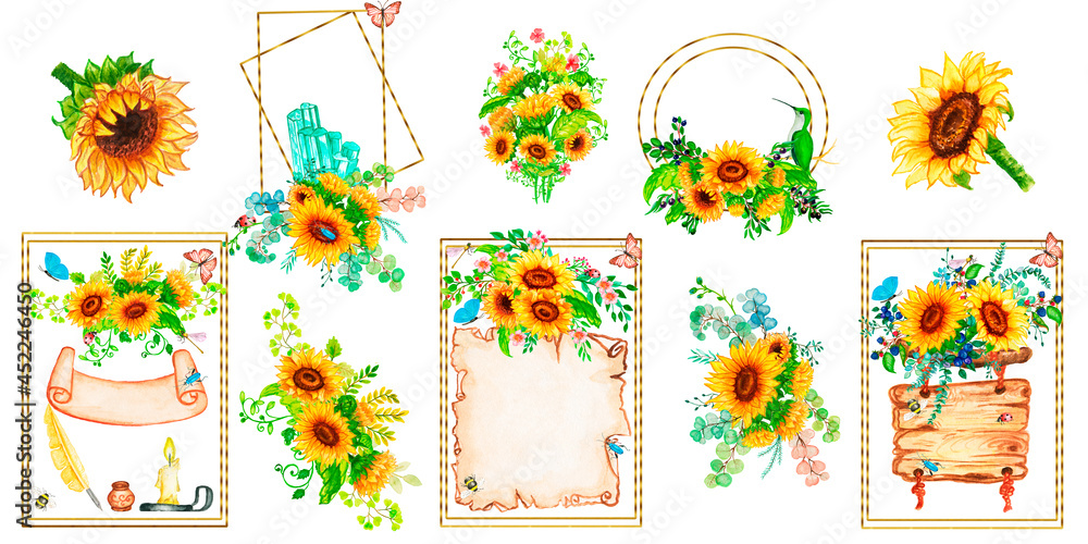 Watercolor autumn frames. Yellow flowers are a wreath of sunflower.Banners and golden frames.Paper for postcards, invitations, wedding design.Insects, butterfly, dragonfly, bee, on flowers.Ribbons.