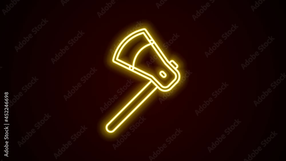 Glowing neon line Wooden axe icon isolated on black background. Lumberjack axe. 4K Video motion graphic animation Glowing neon line Wooden axe icon isolated on black background. Lumberjack axe. 4K Video motion graphic animation