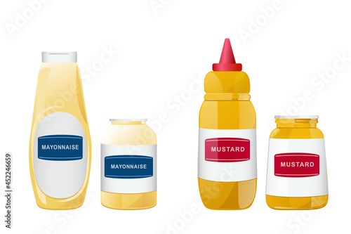 Ketchup, mayonnaise, mustard sauces in bottles and jars set. Realistic vector illustration isolated on white background.