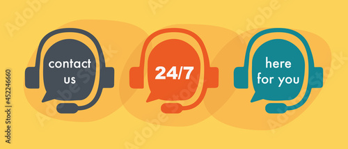 Headphones with speech icon sign symbol, logo vector illustration for web and mobile, copy paste, place for text.  24 hours Customer Technical Help Support Service callcenter for Telemarketers concept