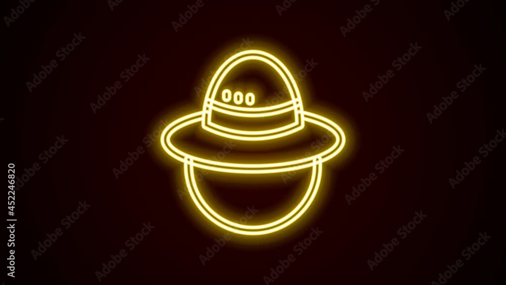 Glowing neon line Camping hat icon isolated on black background. Beach hat panama. Explorer travelers hat for hunting, hiking, tourism. 4K Video motion graphic animation Glowing neon line Camping hat icon isolated on black background. Beach hat panama. Explorer travelers hat for hunting, hiking, tourism. 4K Video motion graphic animation