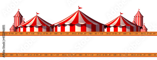 Circus advertisement background and blank space stage tent design element as a group of big top carnival tents as a fun entertainment icon on a white background as a 3D render.