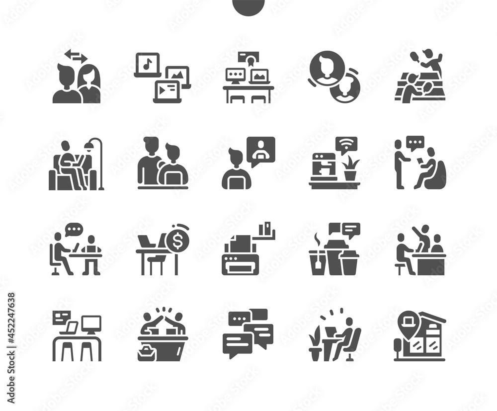 Fototapeta premium Coworking. Workplace. Experience exchange. Individual work. Teamwork and success. Vector Solid Icons. Simple Pictogram