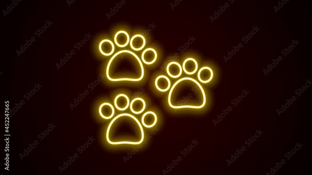 Glowing neon line Paw print icon isolated on black background. Dog or cat paw print. Animal track. 4K Video motion graphic animation Glowing neon line Paw print icon isolated on black background. Dog or cat paw print. Animal track. 4K Video motion graphic animation